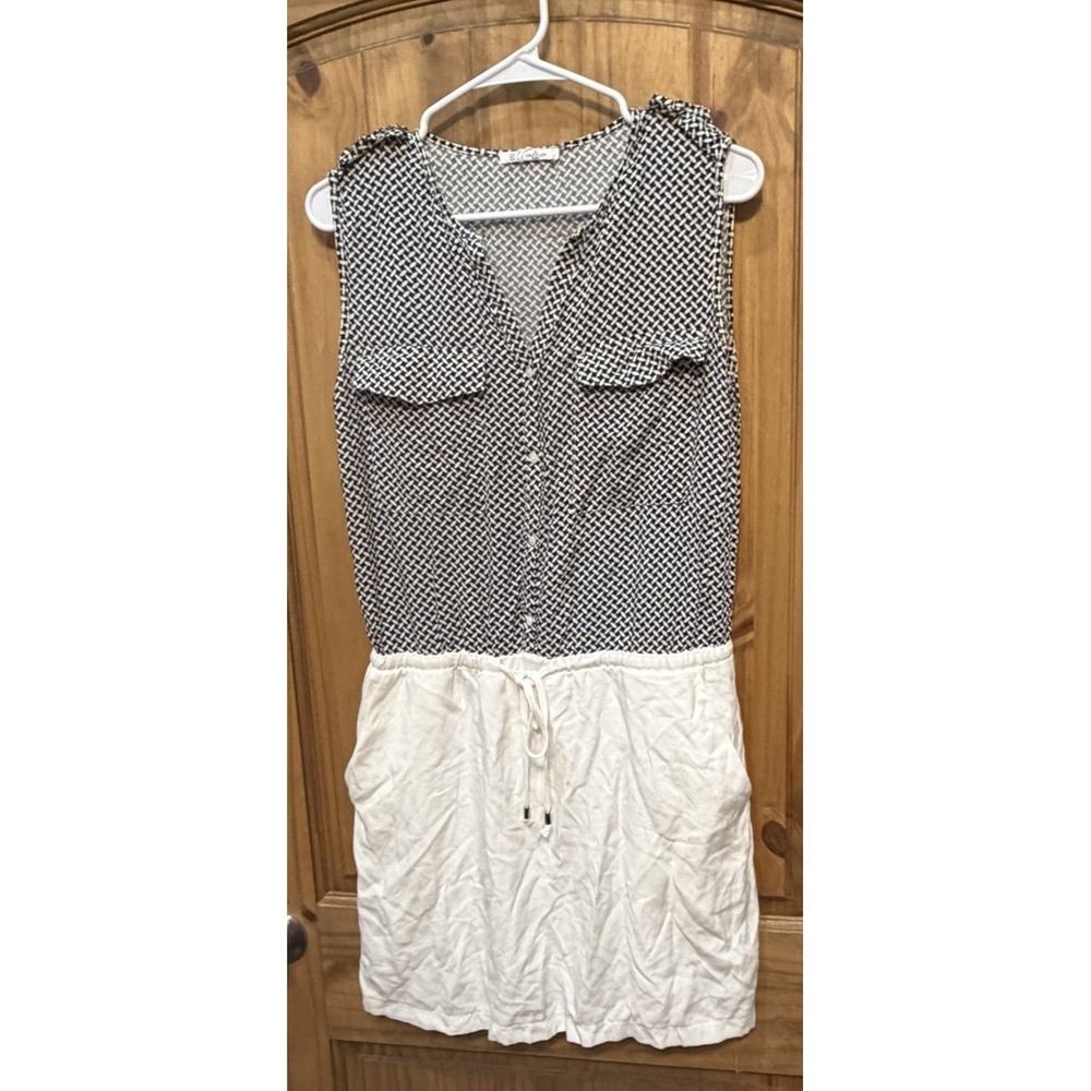 Griffin Paris M Sleeveless Shirt Dress Black White Drawstring Waist Pockets